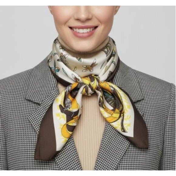 ⭐Luxury Elegant Bandana Silky Square Scarf Beige Floral Versatile Soft Luxurious - Picture 1 of 6